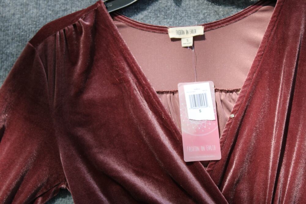 Fashion On Earth Mauve Velvet Long Sleeve Ruched Faux Wrapped Mini Dress Sm NWT